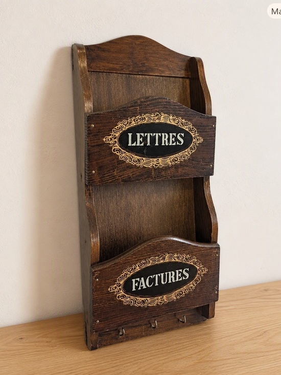 Other - Vintage Style Dark Brown Wooden Wall Mail Organizer - 'Lettres' & 'Factures'